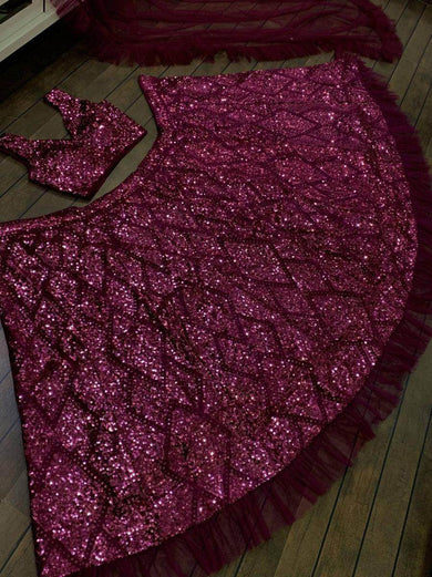 Remarkable Purple Sequins Velvet Party Wear Ruffle Lehenga Choli